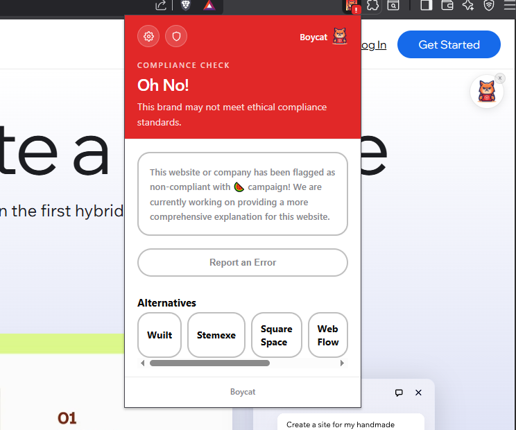 Boycat extension showing a flagged non-compliant website with alternatives