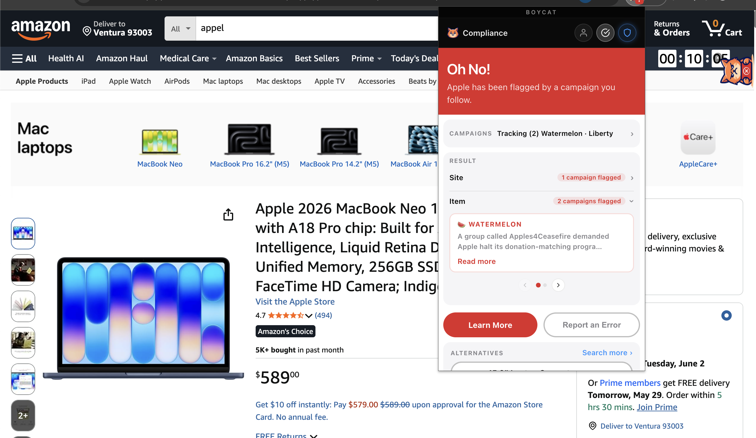Boycat Browser Extension showing ethical shopping alerts on a product page