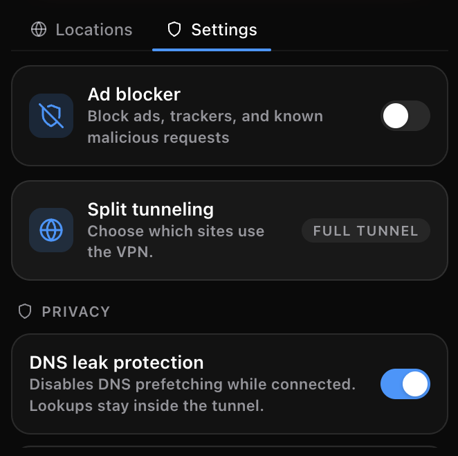 BuycatVPN settings screen showing ad blocker toggle, split tunneling, and DNS leak protection