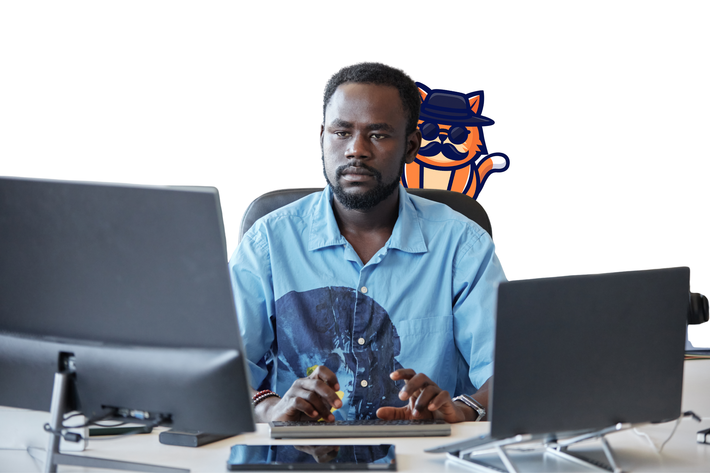 IT admin with BuycatVPN incognito mascot, managing team access without tracking employee browsing